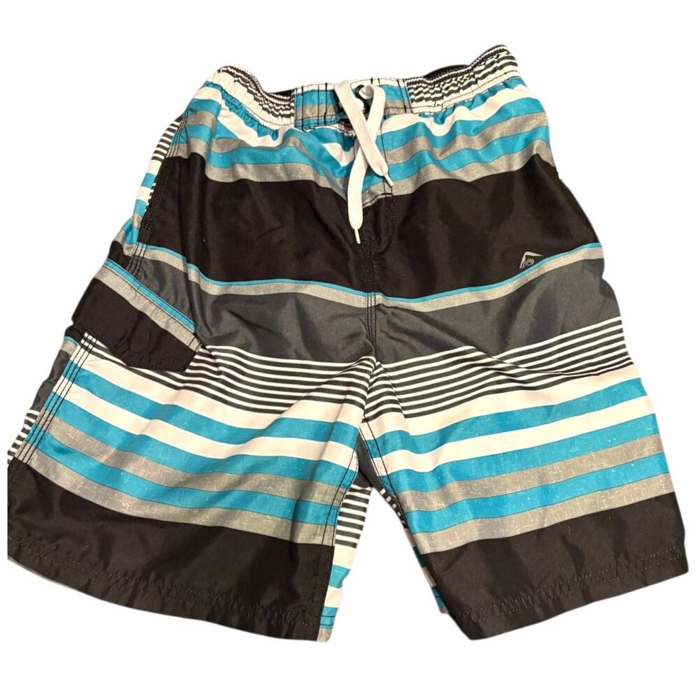 Kanu Surf Boys L 14-16 Striped Swim Trunks Black Blue Board Shorts Mesh Lined